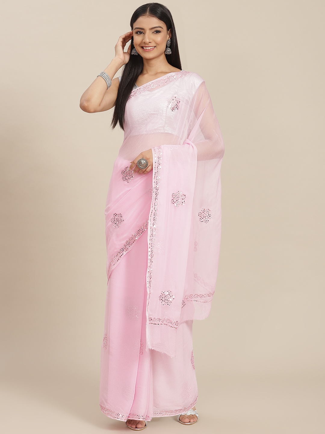 

ZARI Pink Floral Sequinned Pure Chiffon Saree