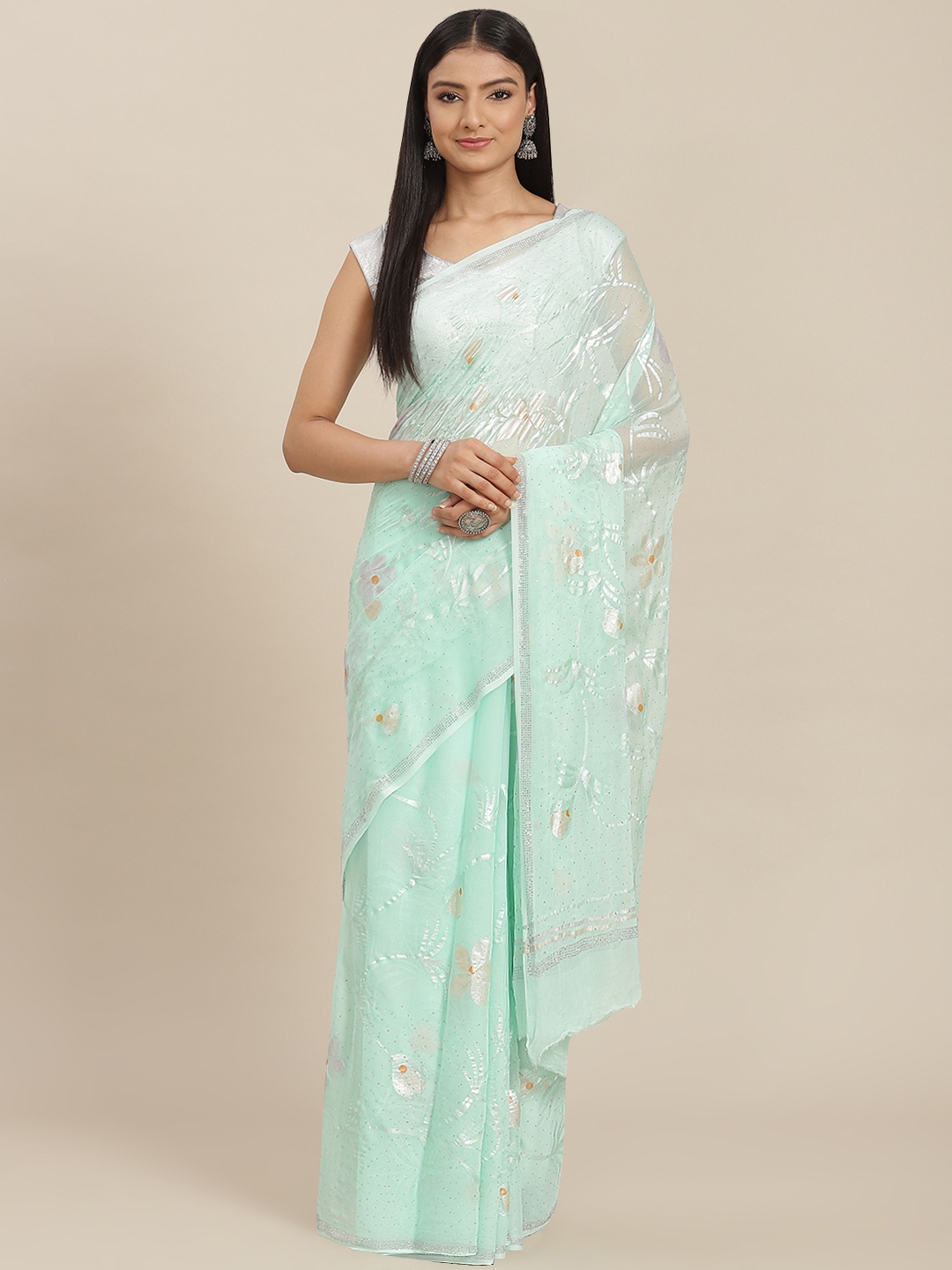 

ZARI Turquoise Blue Floral Sequinned Pure Chiffon Saree