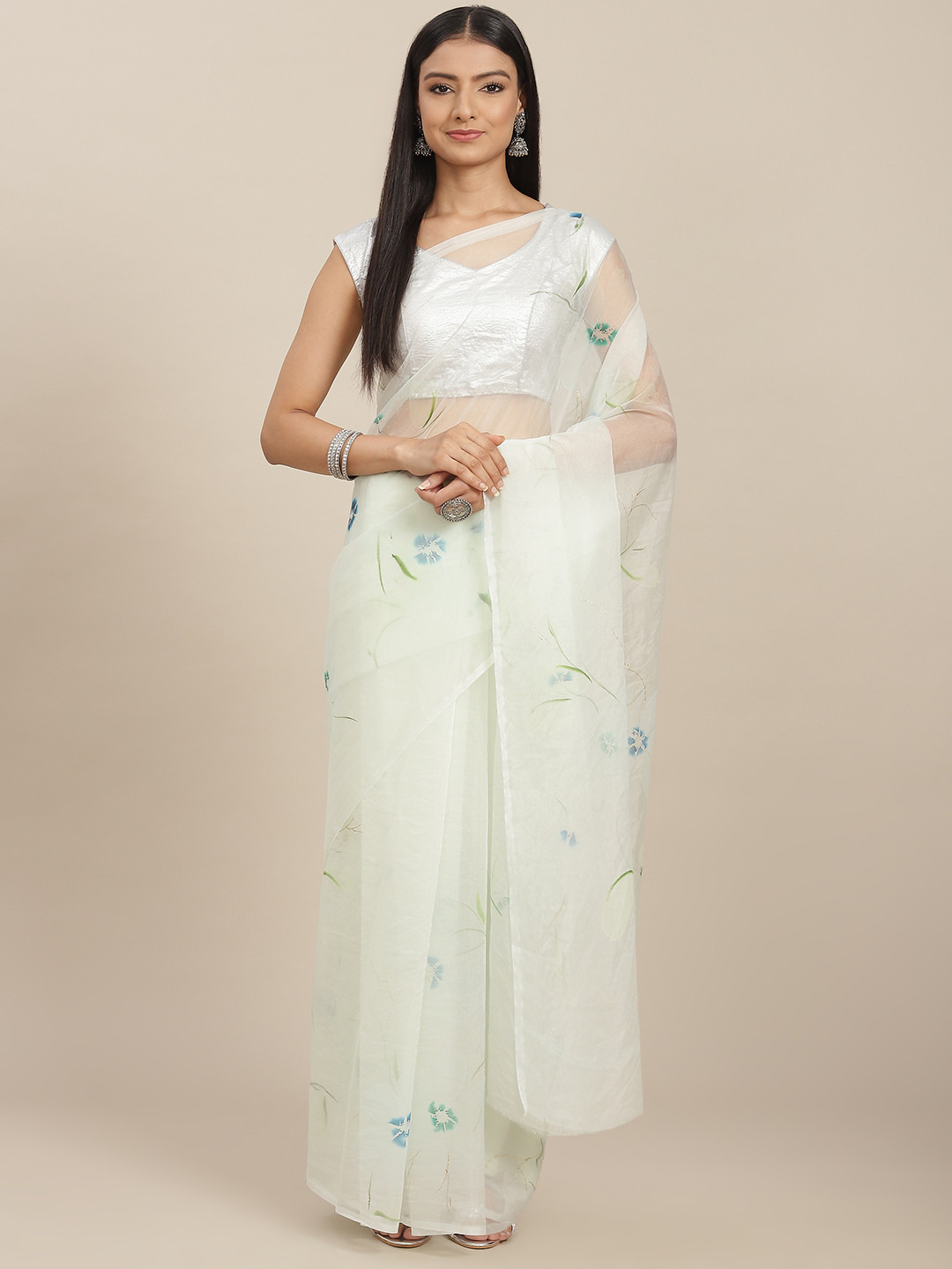

ZARI Sea Green Floral Organza Saree