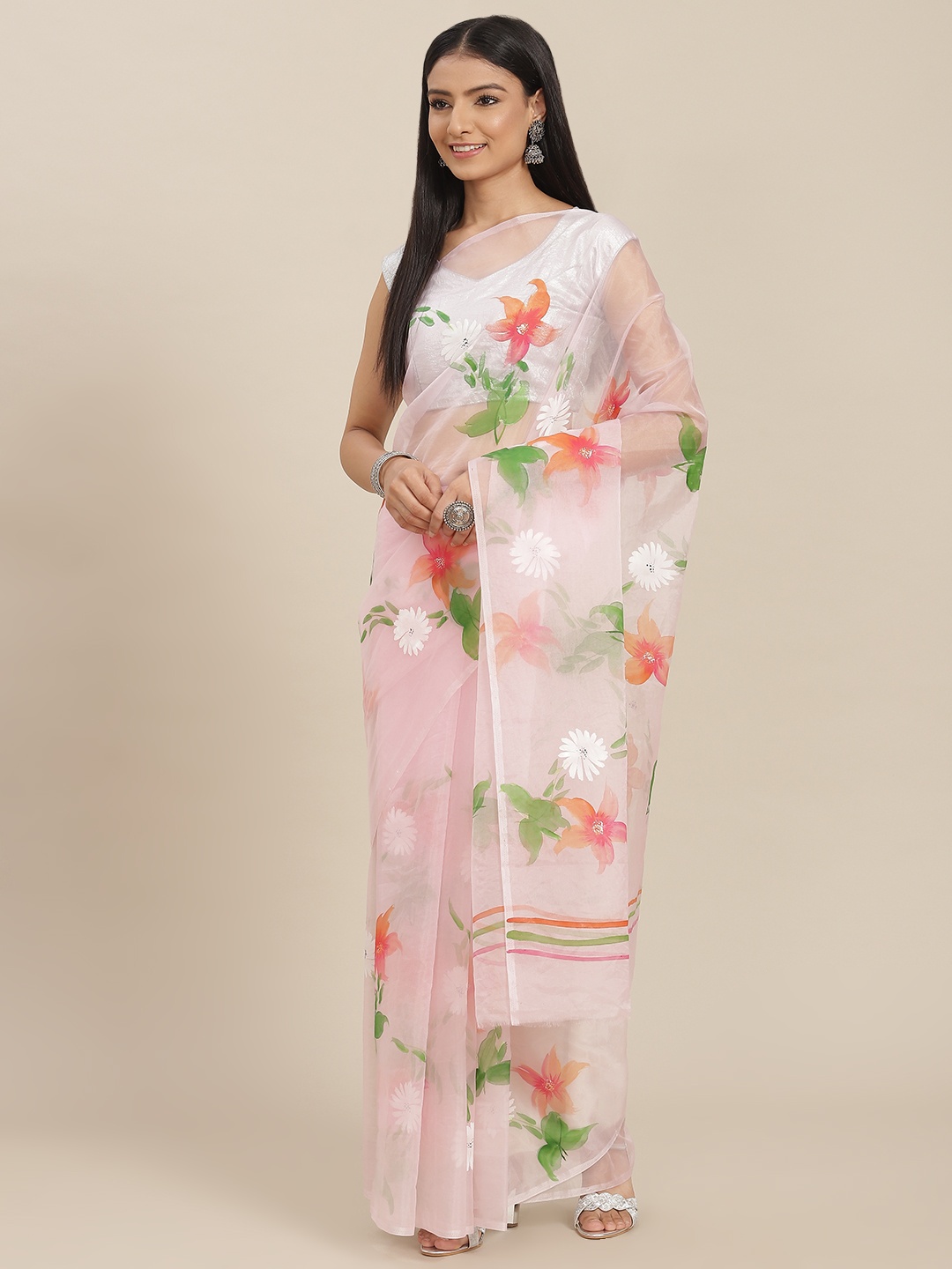 

ZARI Pink Floral Organza Saree