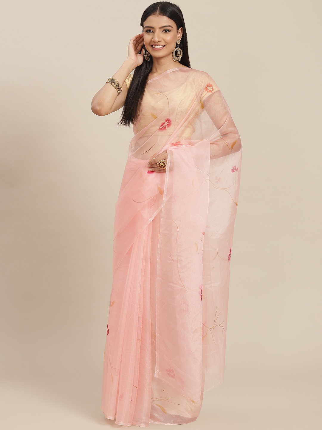 

ZARI Peach-Coloured Floral Organza Saree