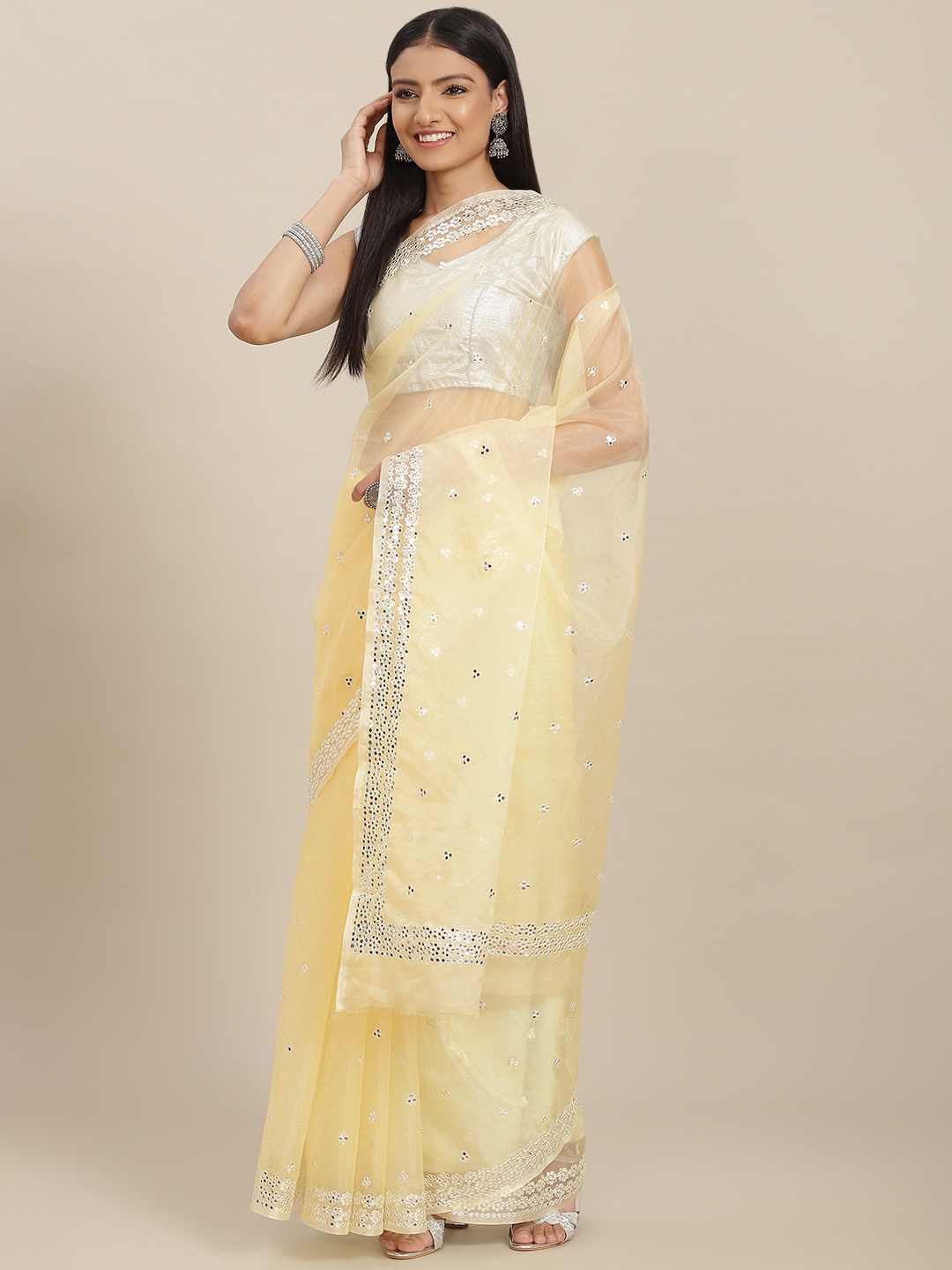 

ZARI Yellow Embellished Sequinned Organza Saree