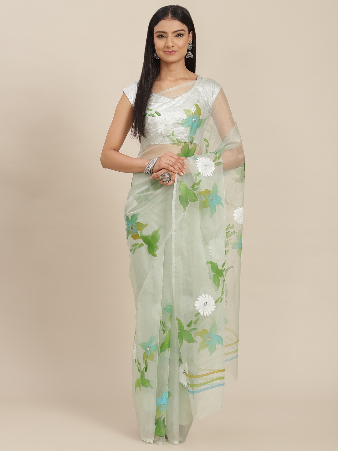 

ZARI Green Floral Sequinned Organza Saree