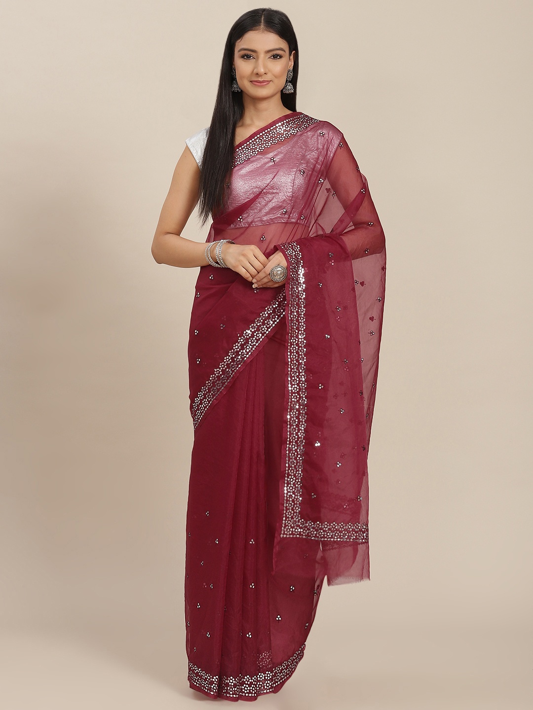 

ZARI Maroon Embellished Sequinned Organza Saree