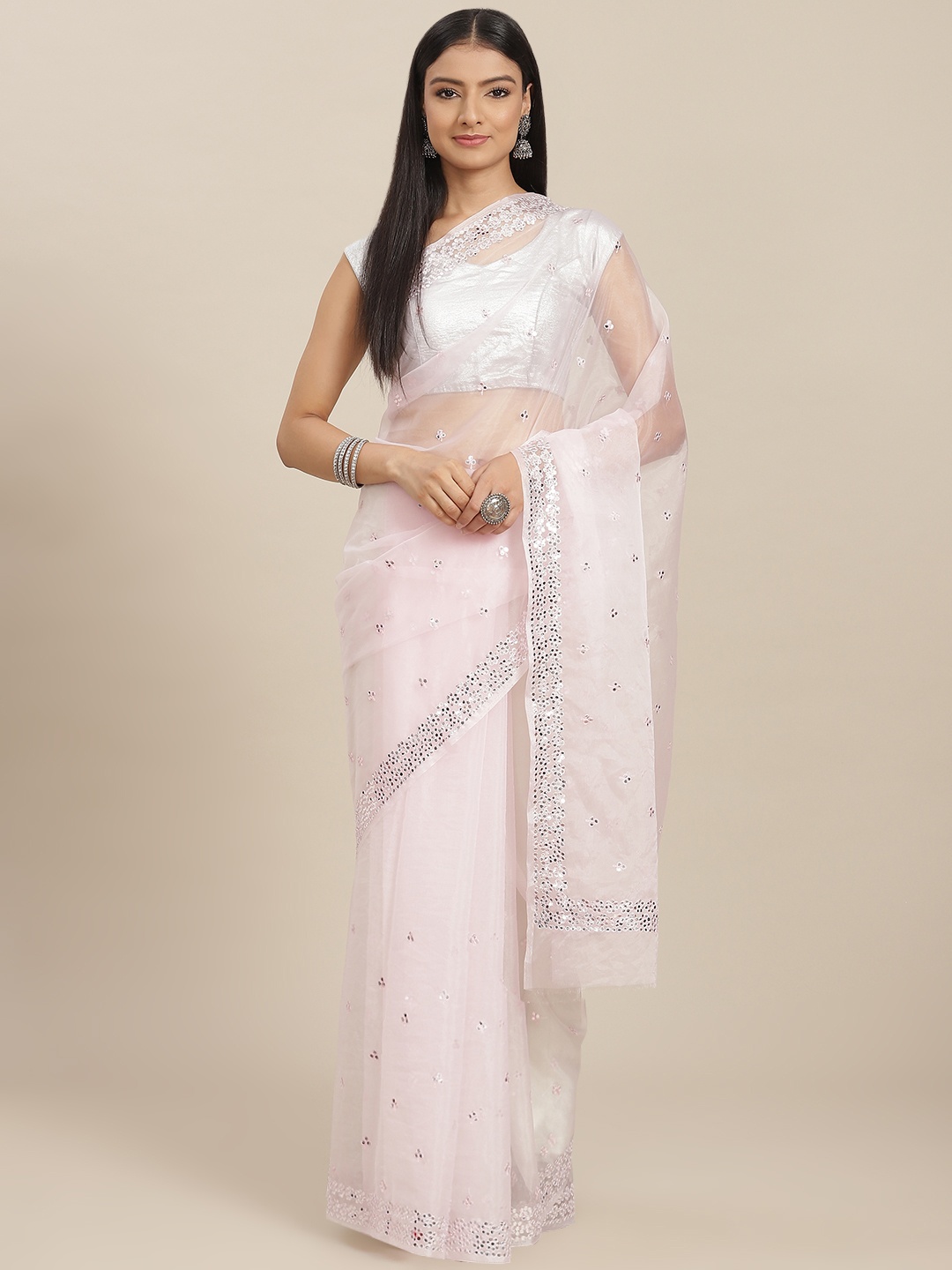

ZARI Pink Embellished Sequinned Organza Saree