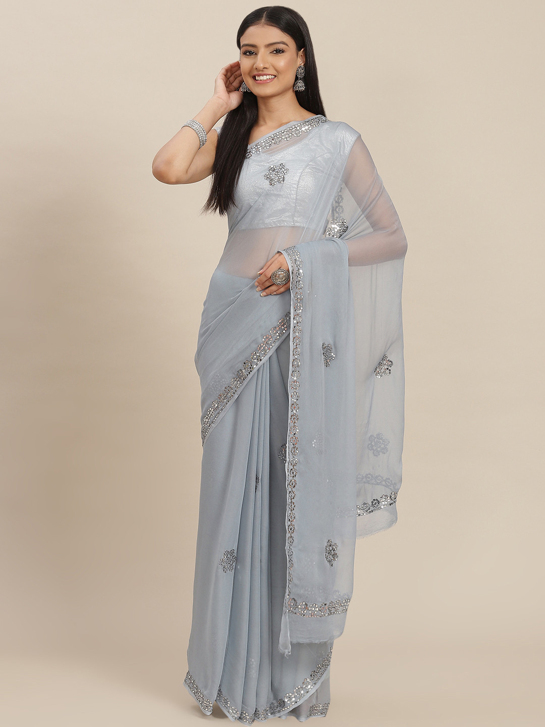 

ZARI Grey Floral Sequinned Pure Chiffon Saree