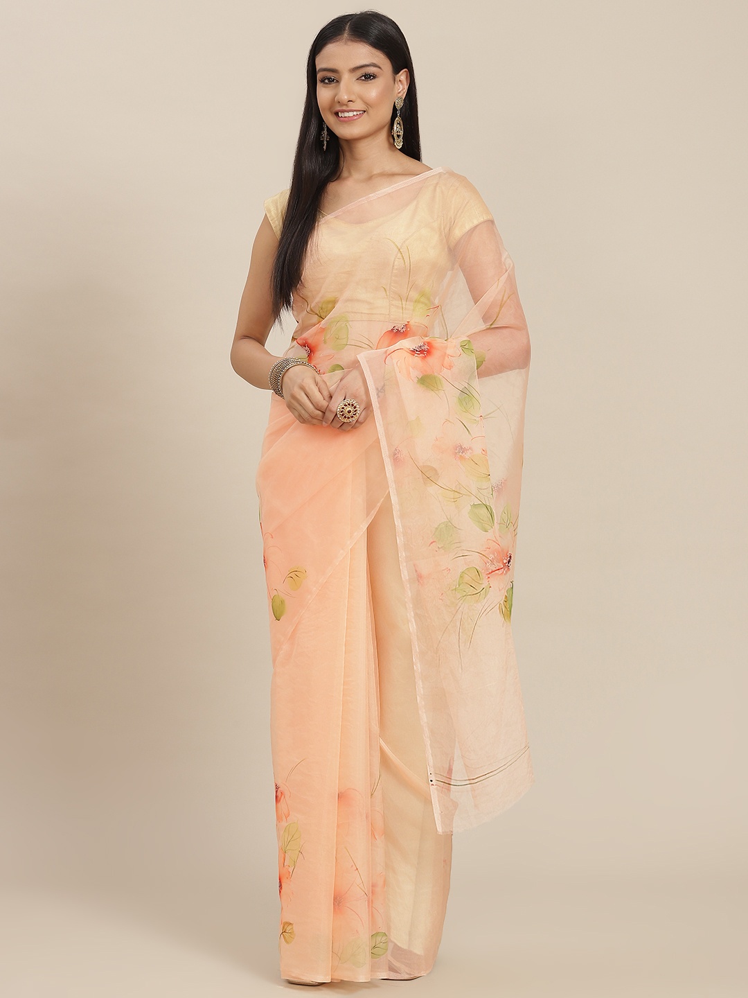 

ZARI Peach-Coloured Floral Organza Saree