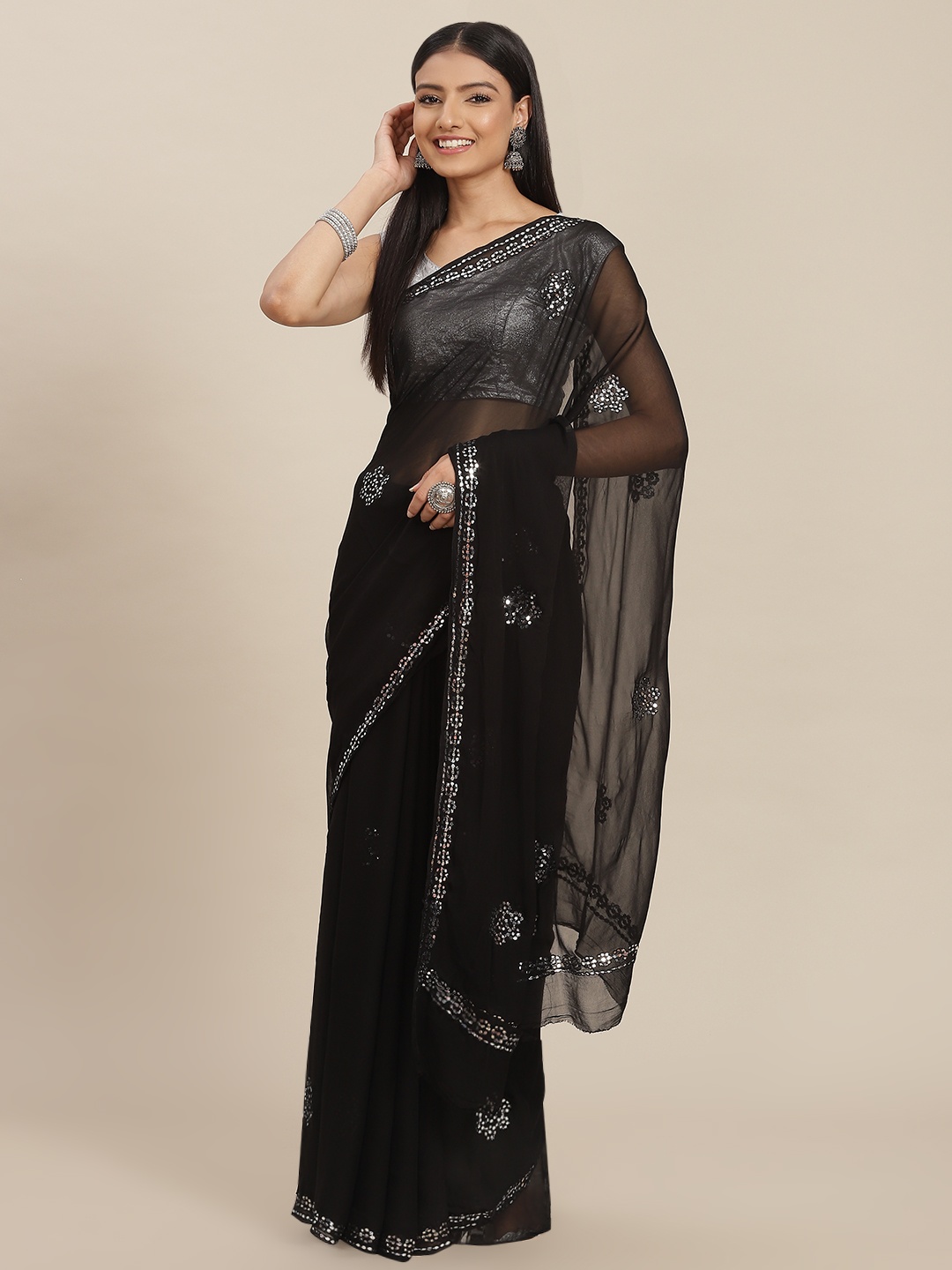 

ZARI Black Floral Sequinned Pure Chiffon Saree