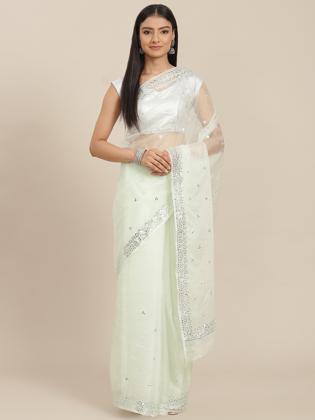 

ZARI Green Embellished Sequinned Organza Saree