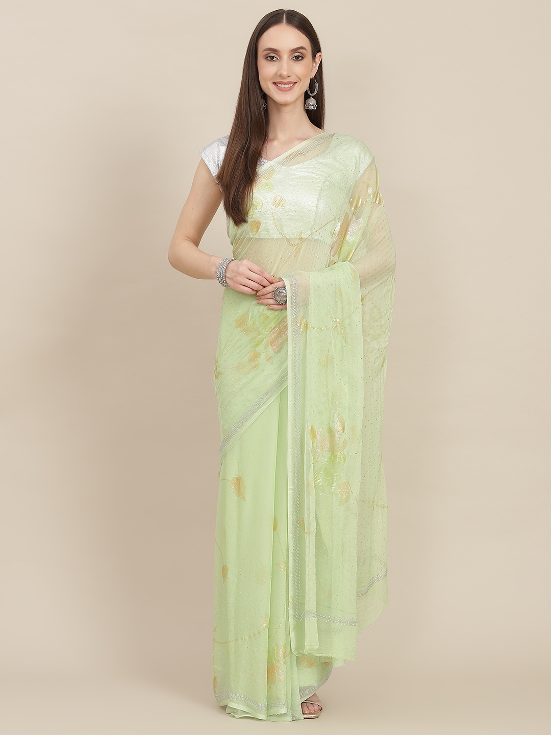 

ZARI Green Floral Print Stones Embedded Pure Chiffon Saree