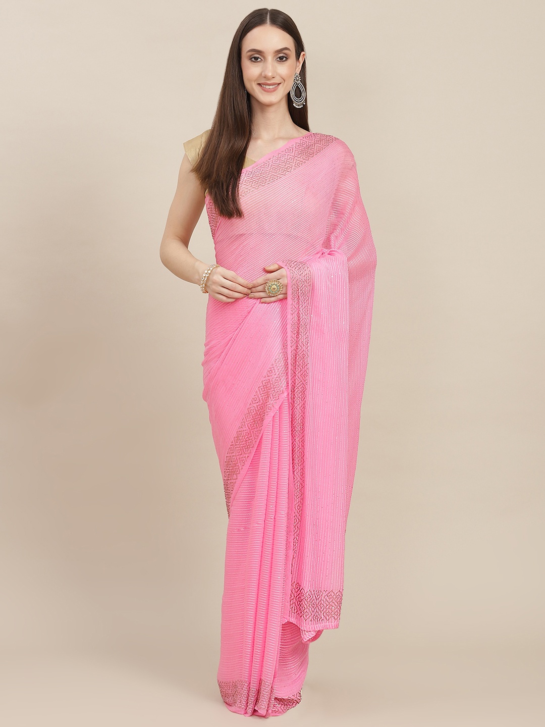 

ZARI Pink Sequinned Pure Chiffon Saree