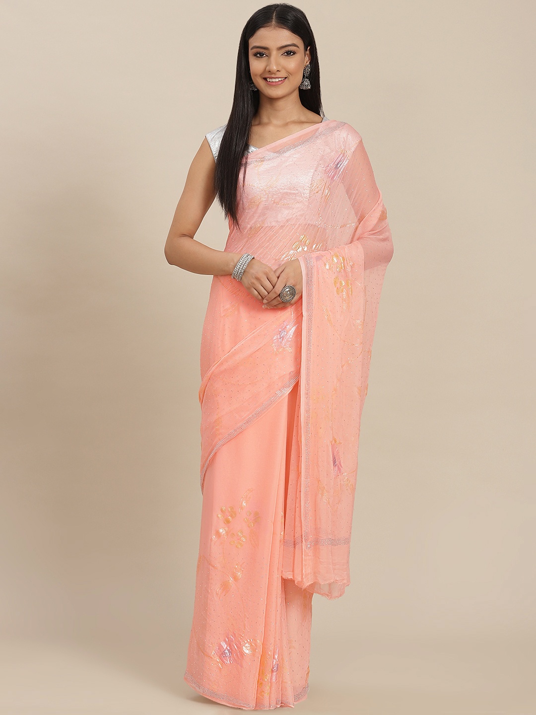 

ZARI Peach-Coloured Floral Sequinned Pure Chiffon Saree