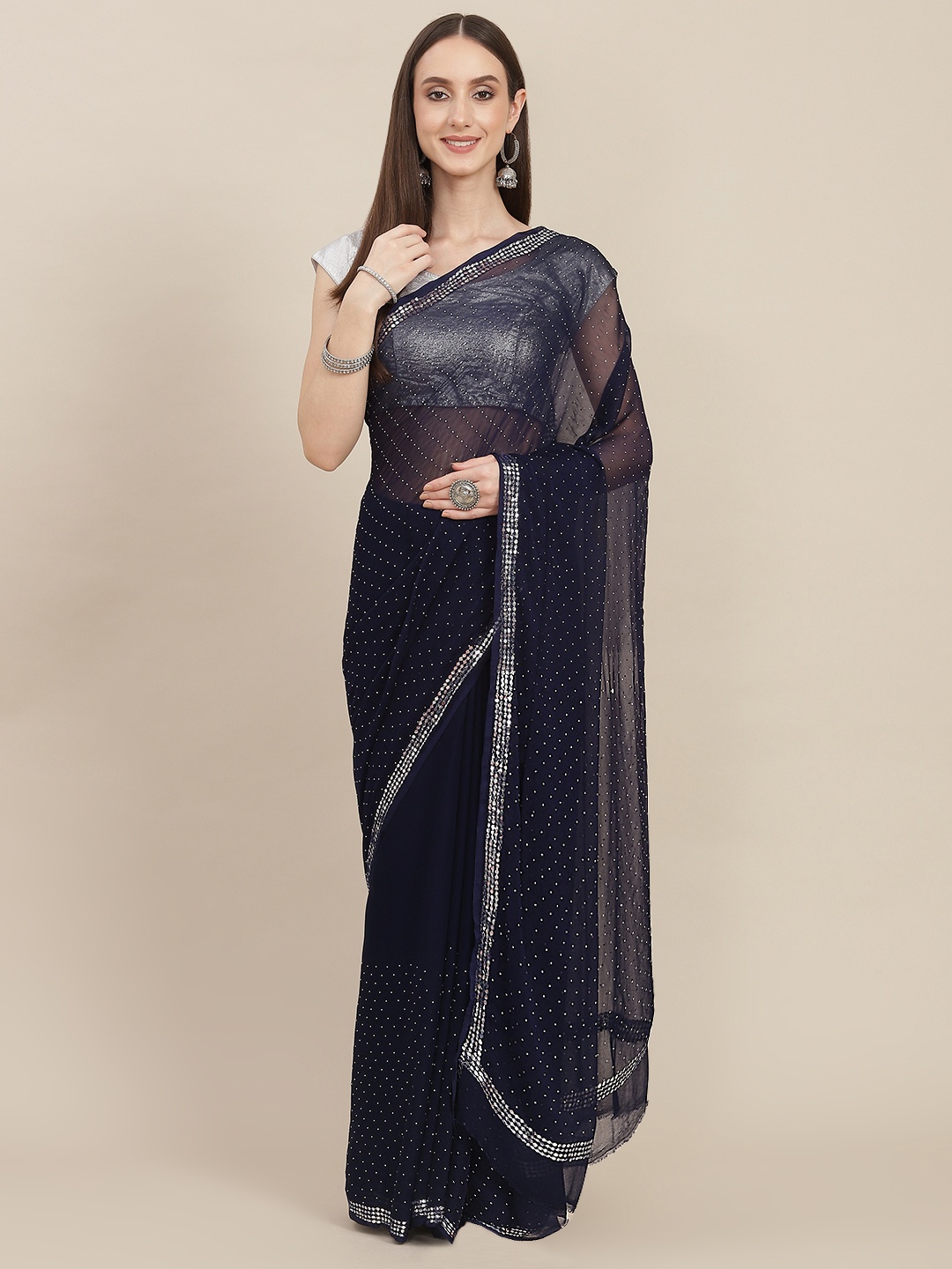 

ZARI Navy Blue Stones Embedded Pure Chiffon Saree