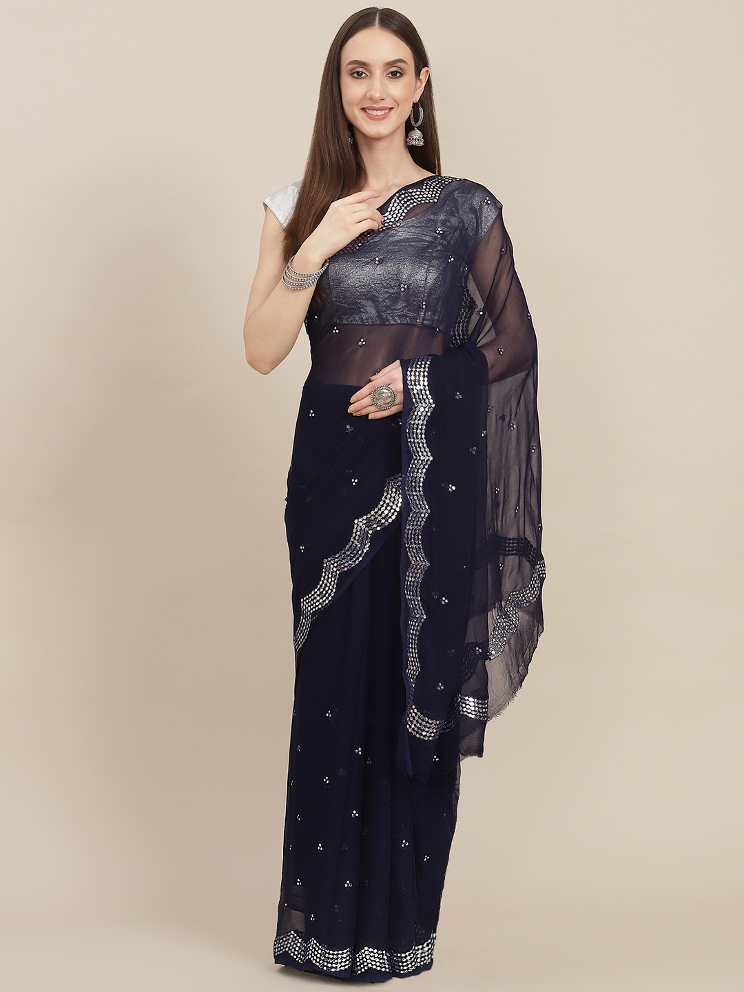 

ZARI Navy Blue Embellished Mirror Work Pure Chiffon Saree