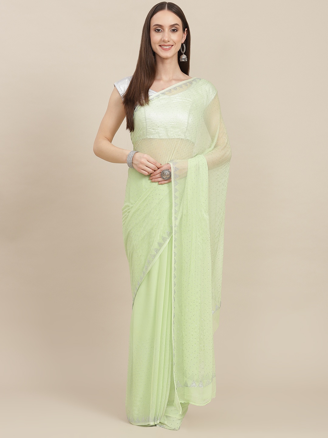 

ZARI Green Stones Embedded Pure Chiffon Saree