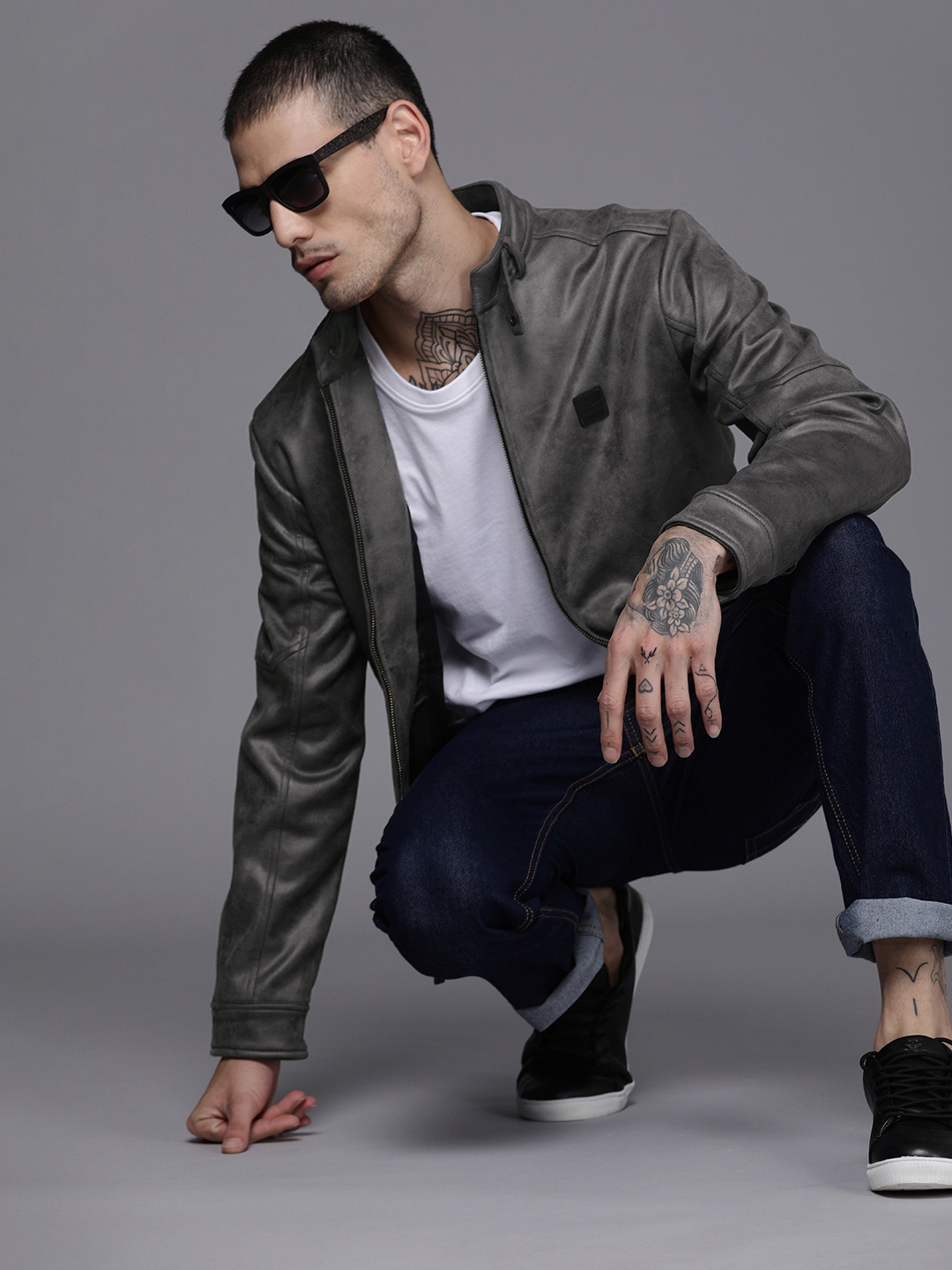 

WROGN Men Solid Biker Jacket, Charcoal