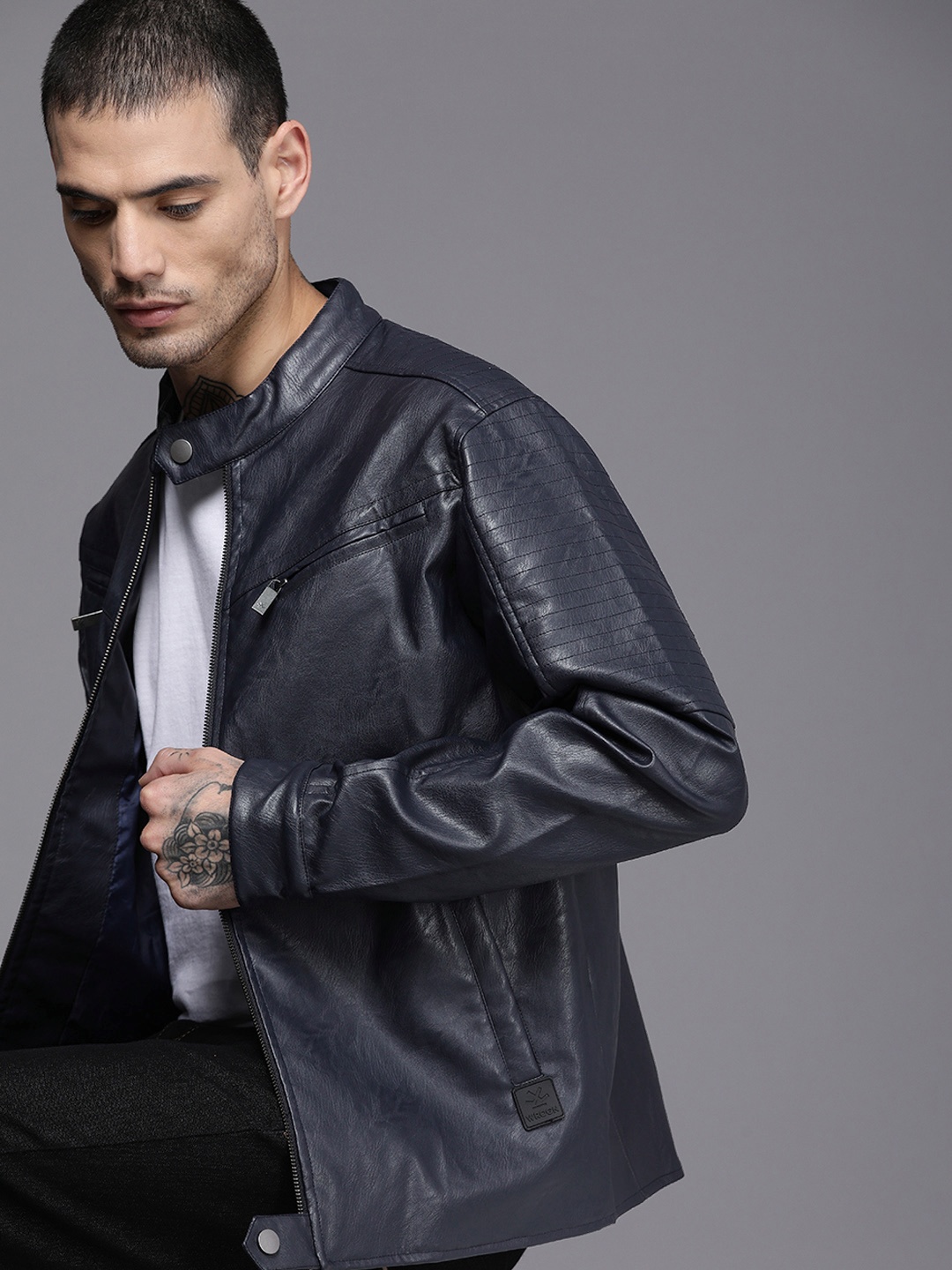 

WROGN Men Solid Biker Jacket, Navy blue