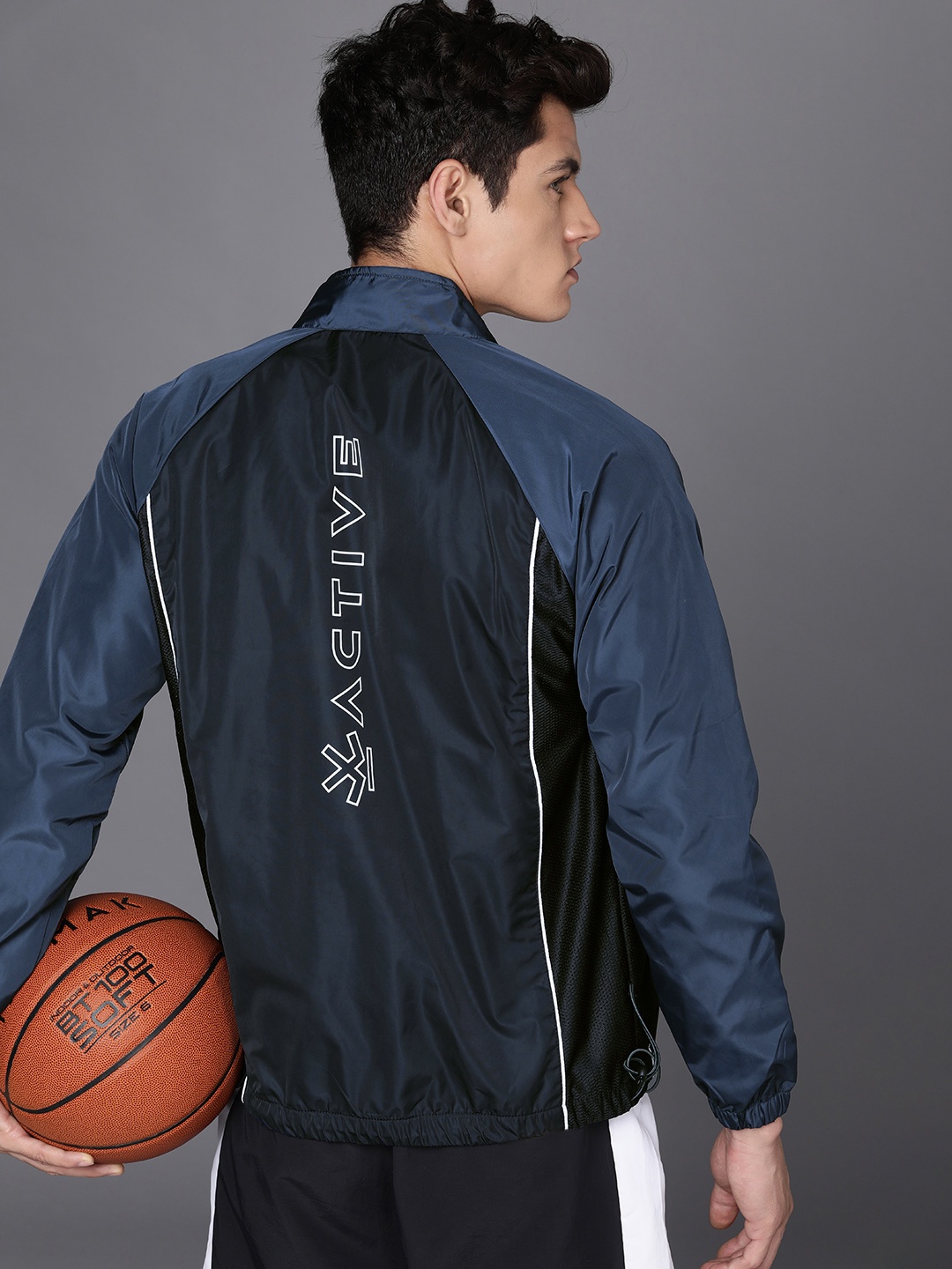 

WROGN ACTIVE Men Blue And Black Brand Logo Printed Sporty Jacket