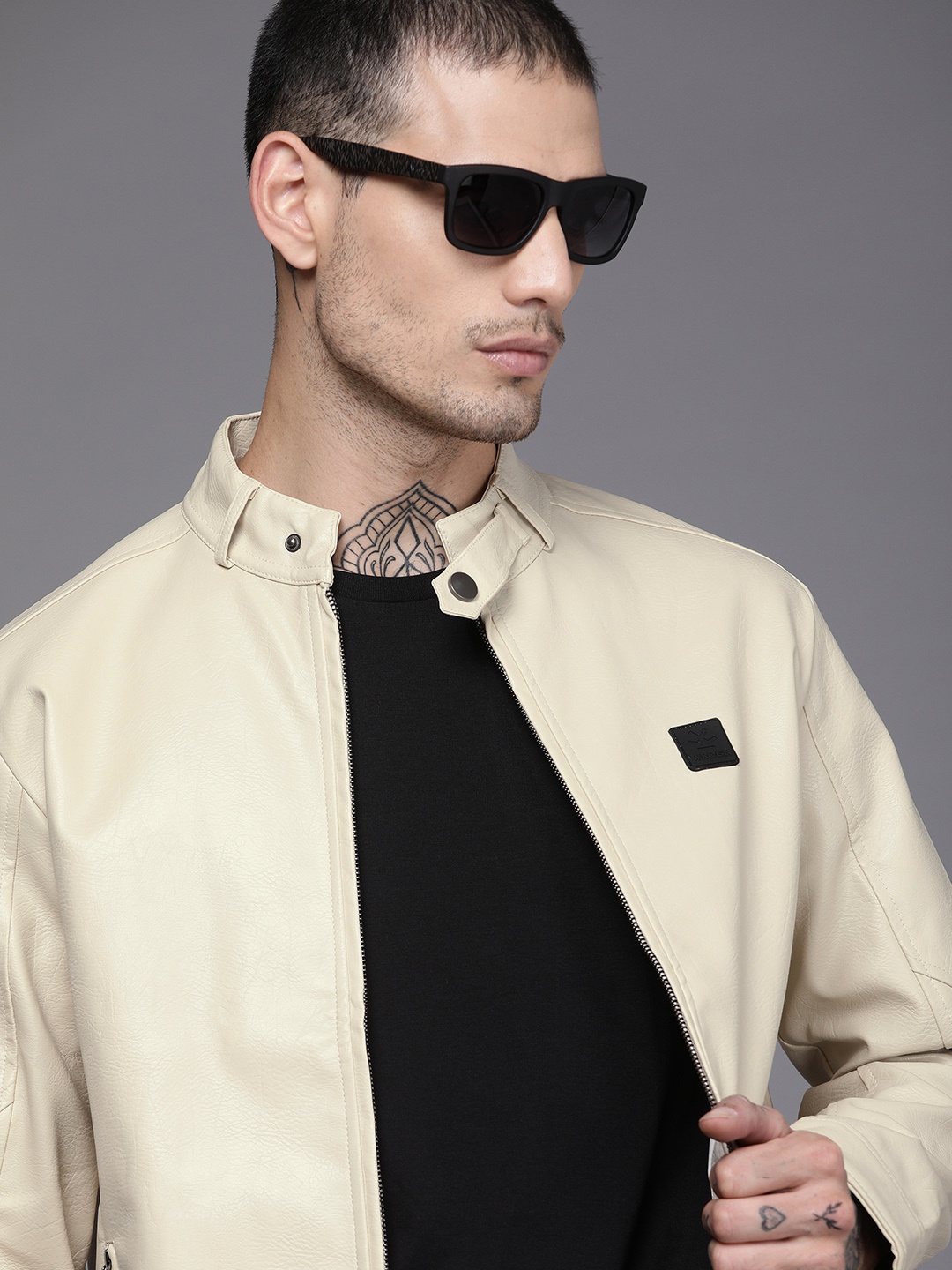 

WROGN Men Solid Biker Jacket, Off white