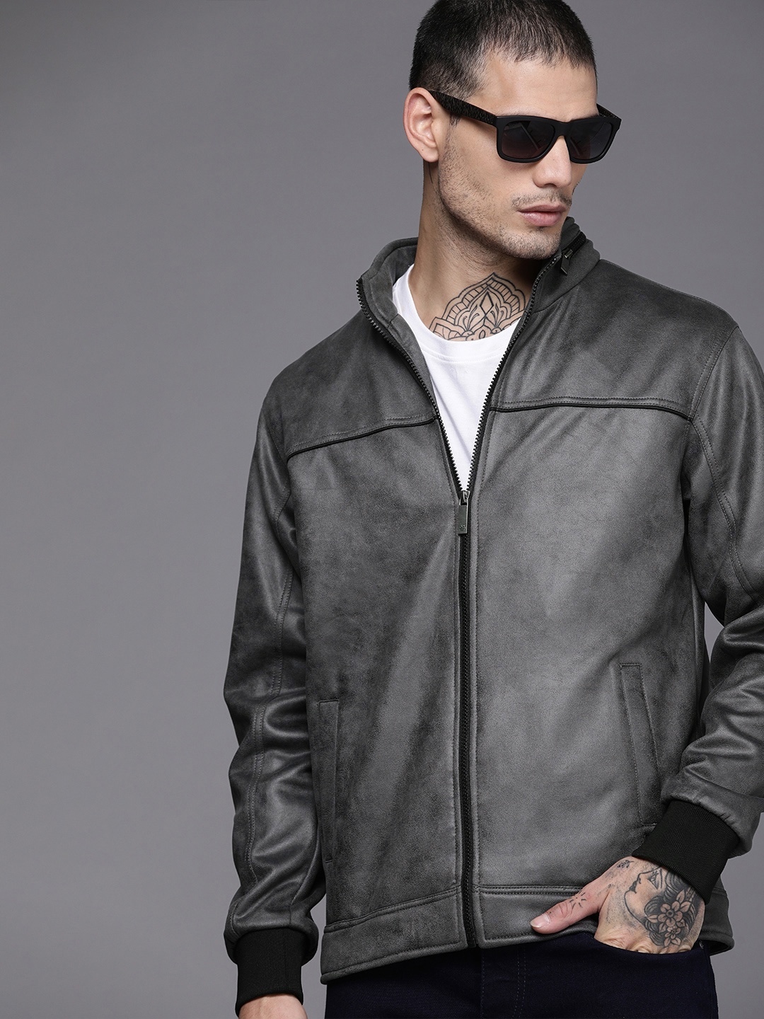 

WROGN Men Solid Hooded Biker Jacket, Charcoal