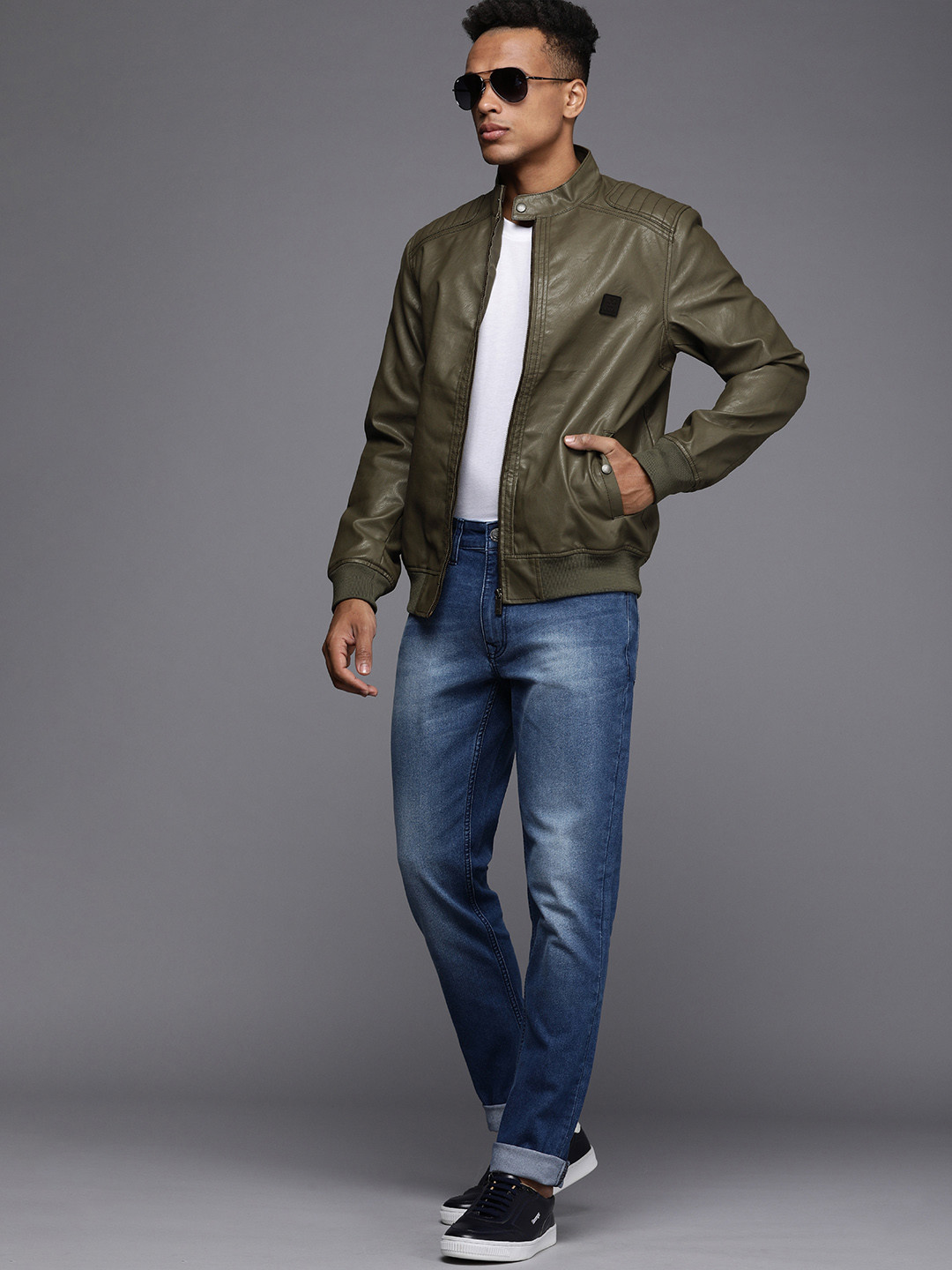 

WROGN Men Olive Green Solid Slim Fit Biker Jacket