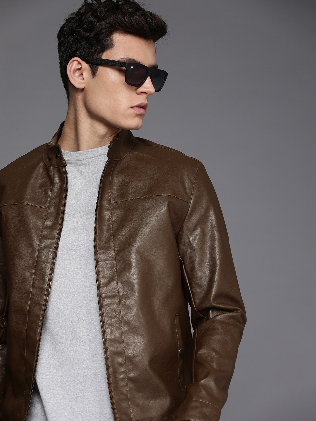 

WROGN Men Brown Solid Biker Jacket