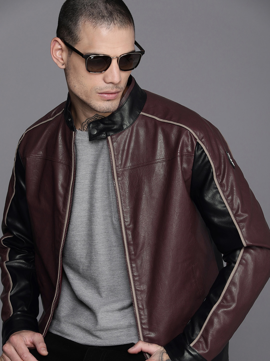 

WROGN Men Burgundy Colourblocked Leather Jacket