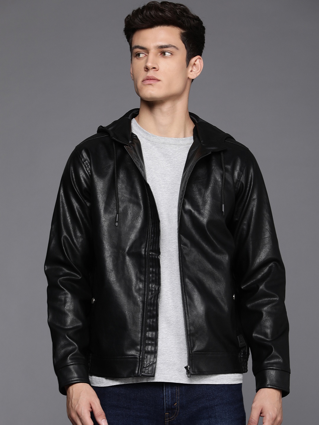 

WROGN Men Black Textured Biker Jacket