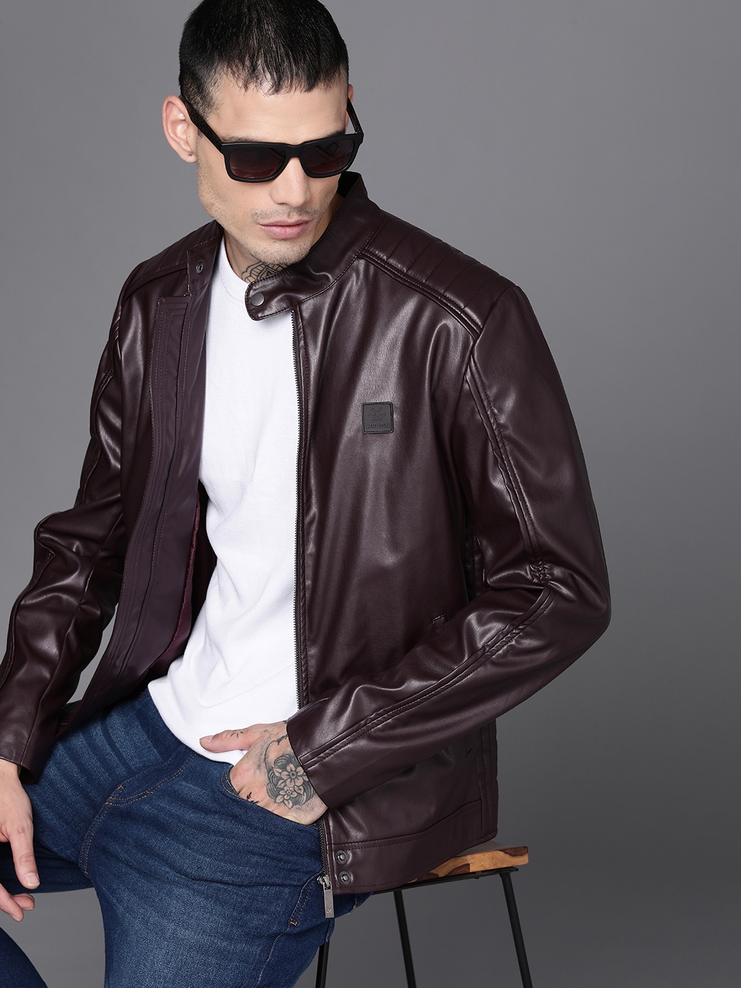 

WROGN Men Maroon Solid Leather Jacket