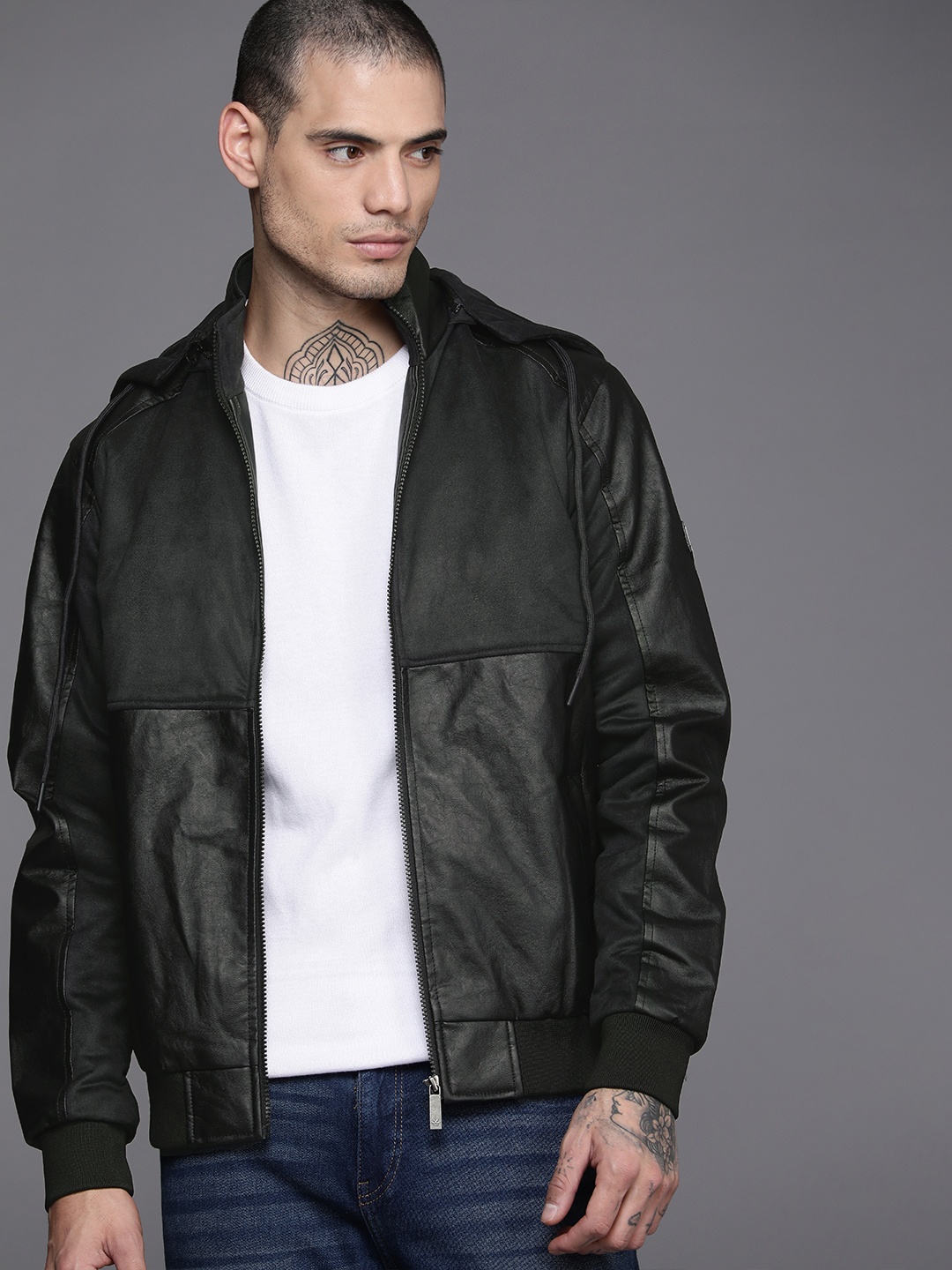 

WROGN Men Black Slim-Fit Solid Hooded Biker Jacket