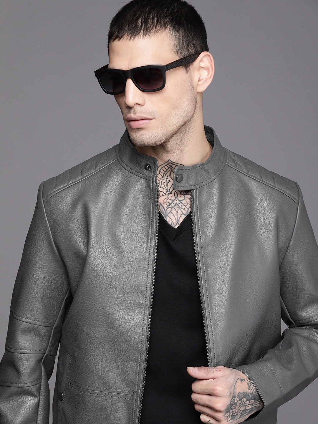 

WROGN Men Grey Biker Jacket