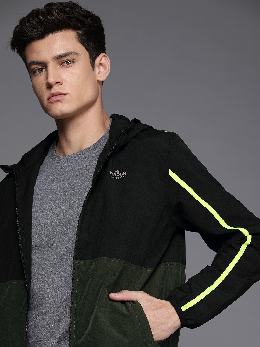 

WROGN ACTIVE Men Black And Olive Green Colourblocked Hooded Sporty Jacket