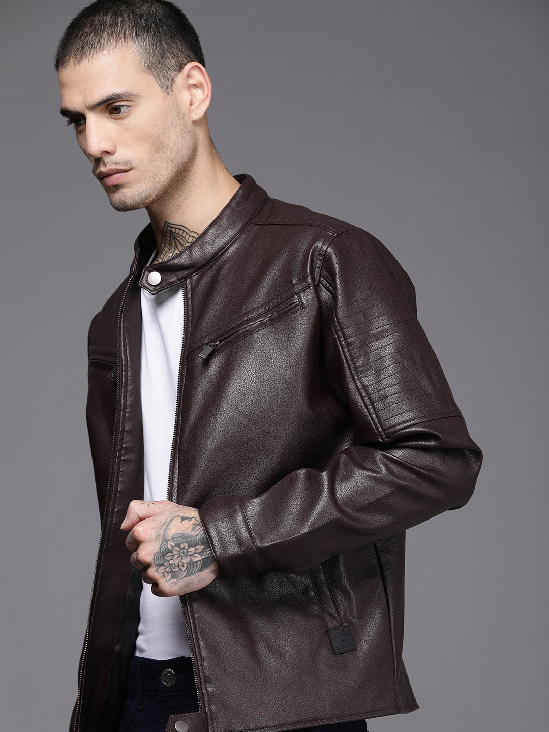 

WROGN Men Solid Biker Jacket, Brown