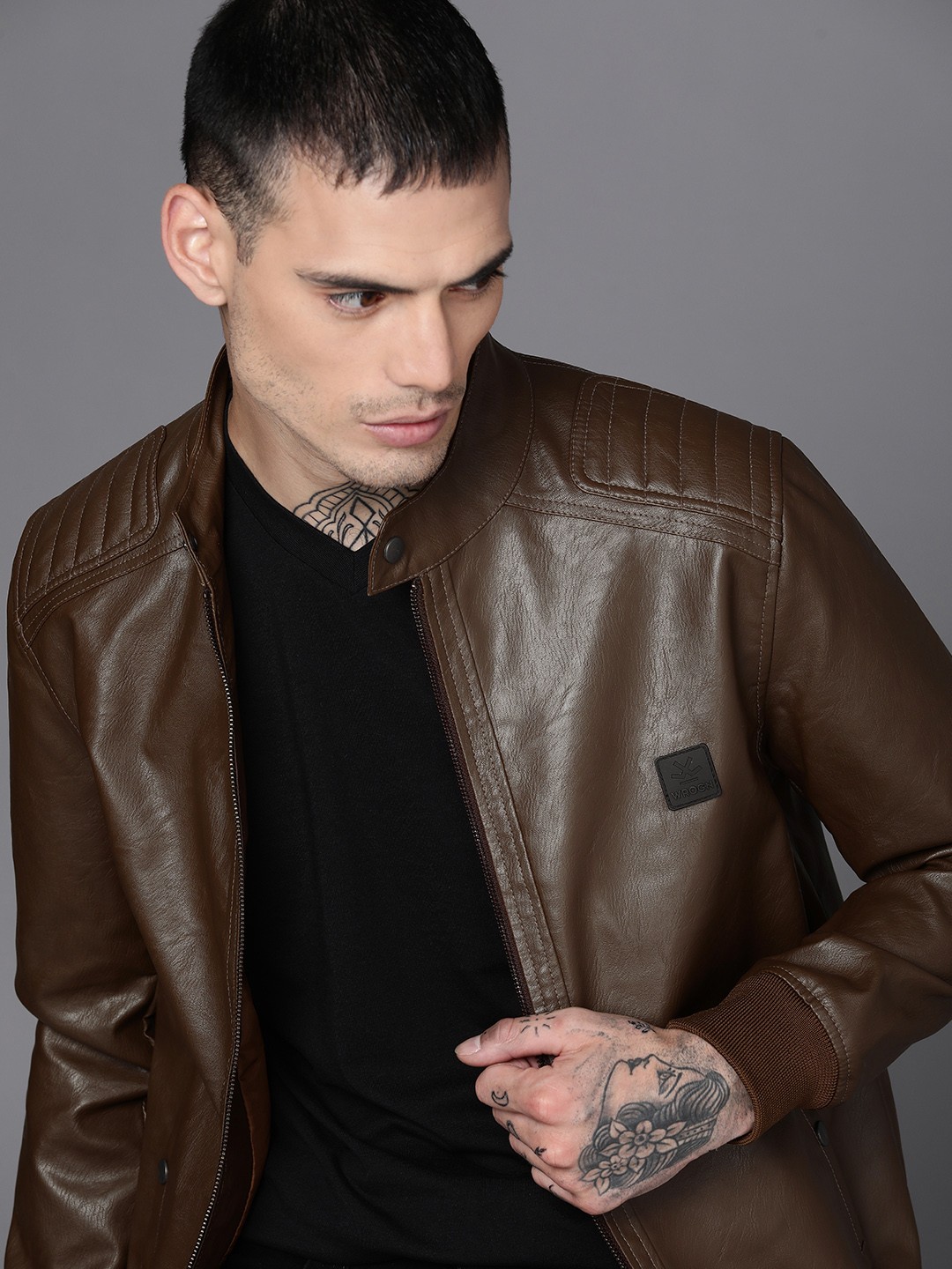 

WROGN Men Brown Solid Leather Jacket