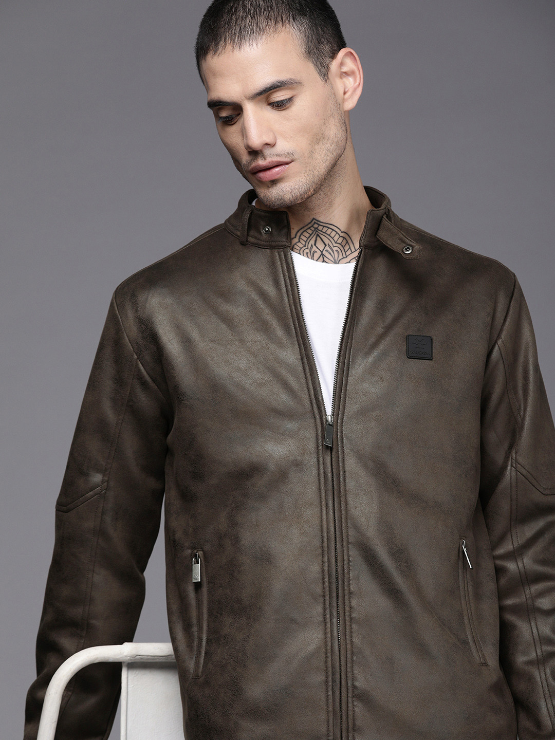 

WROGN Men Solid Biker Jacket, Brown