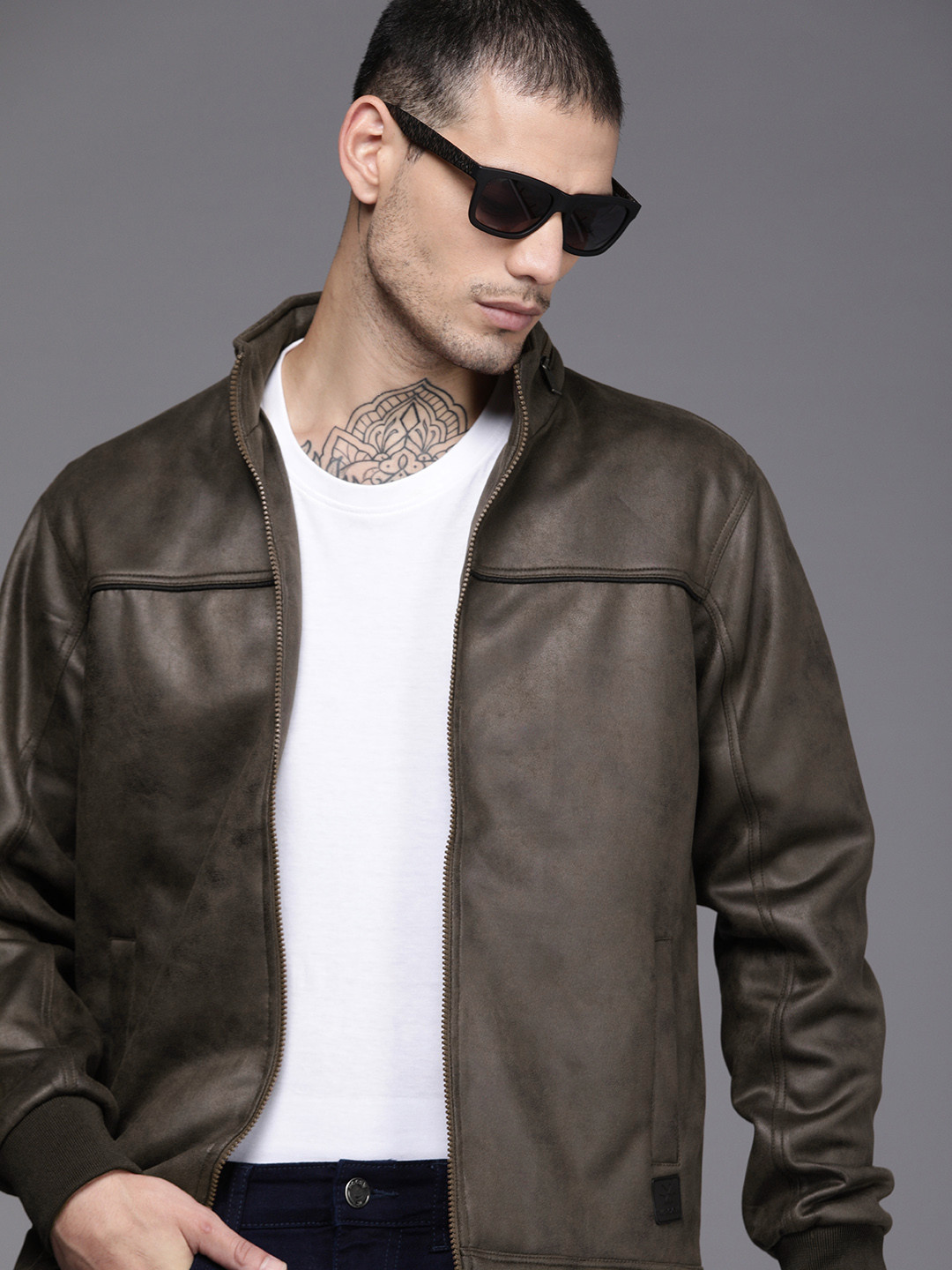 

WROGN Men Solid Hooded Biker Jacket, Brown