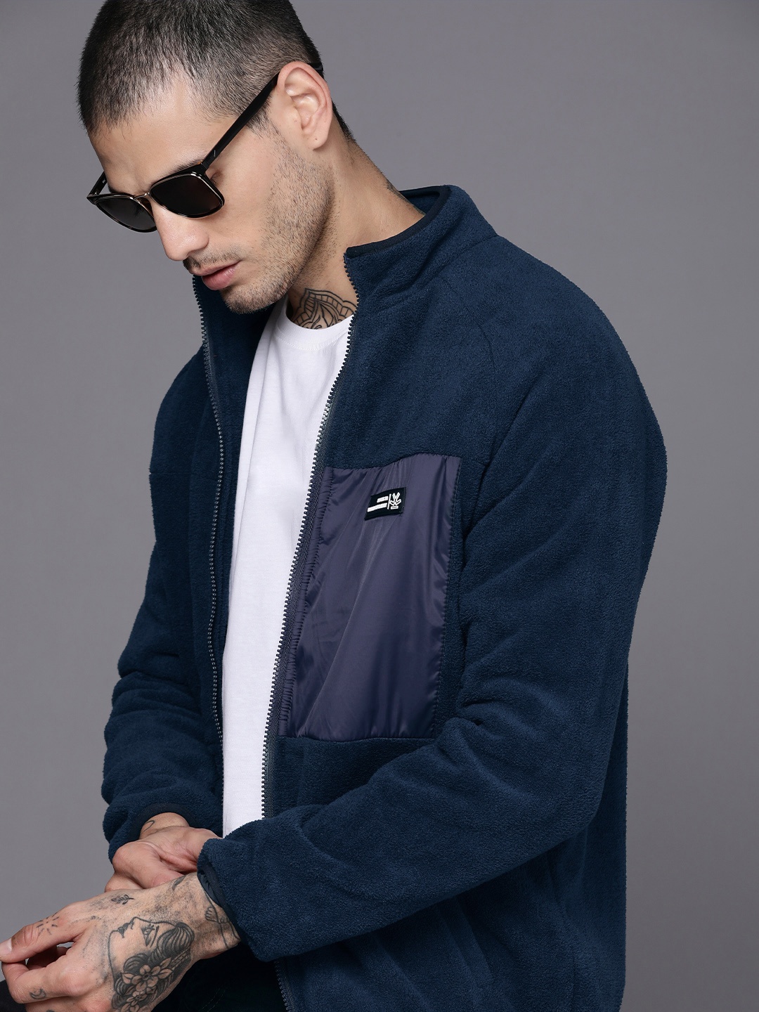 

WROGN Men Navy Blue Solid Sporty Jacket