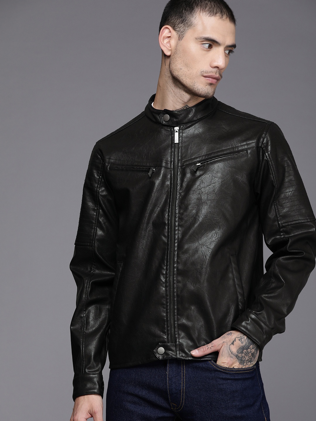 

WROGN Men Solid Biker Jacket, Black