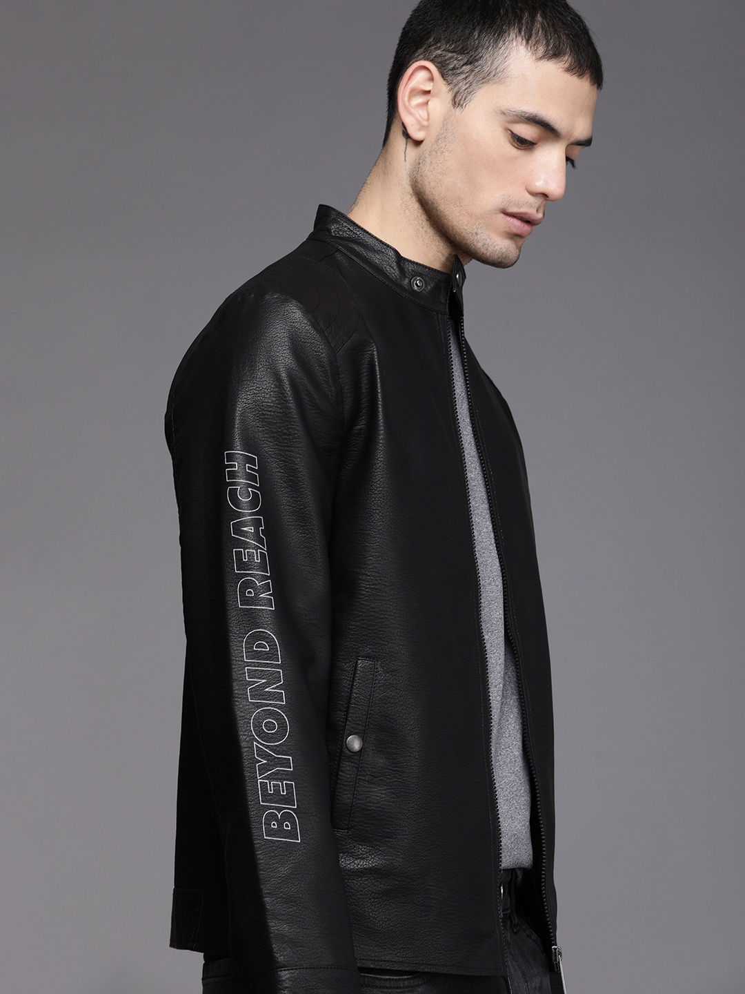 

WROGN Men Black Typography Printed Stand-Collar Leather Jacket