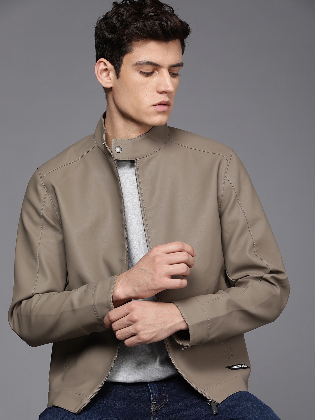 

WROGN Men Grey Biker Jacket