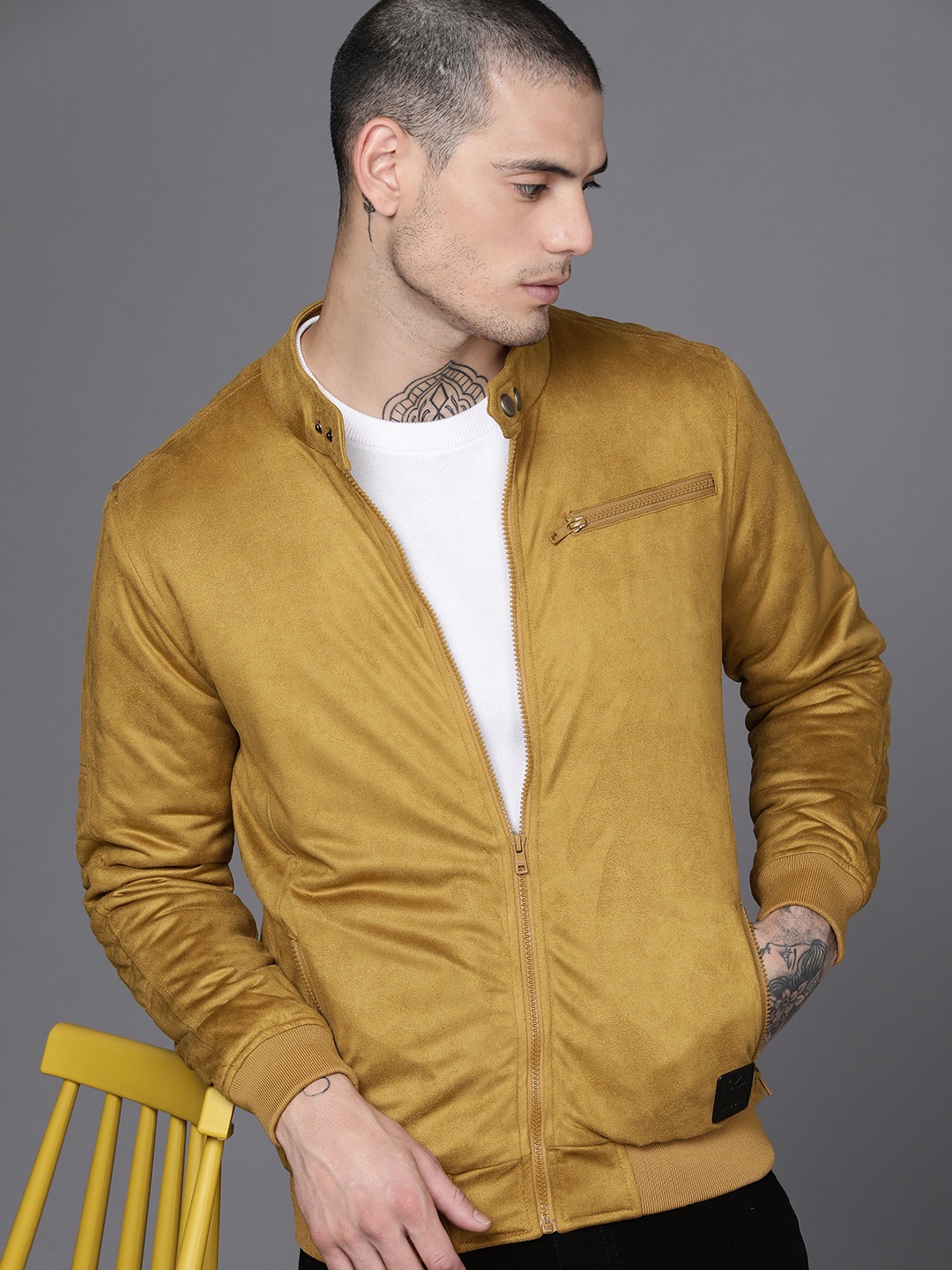 

WROGN Men Mustard Yellow Solid Bomber Jacket