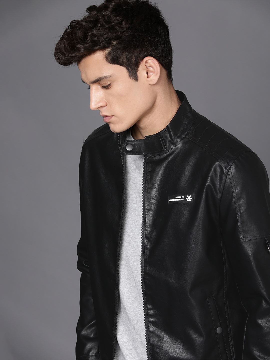 

WROGN Men Black Textured Biker Jacket