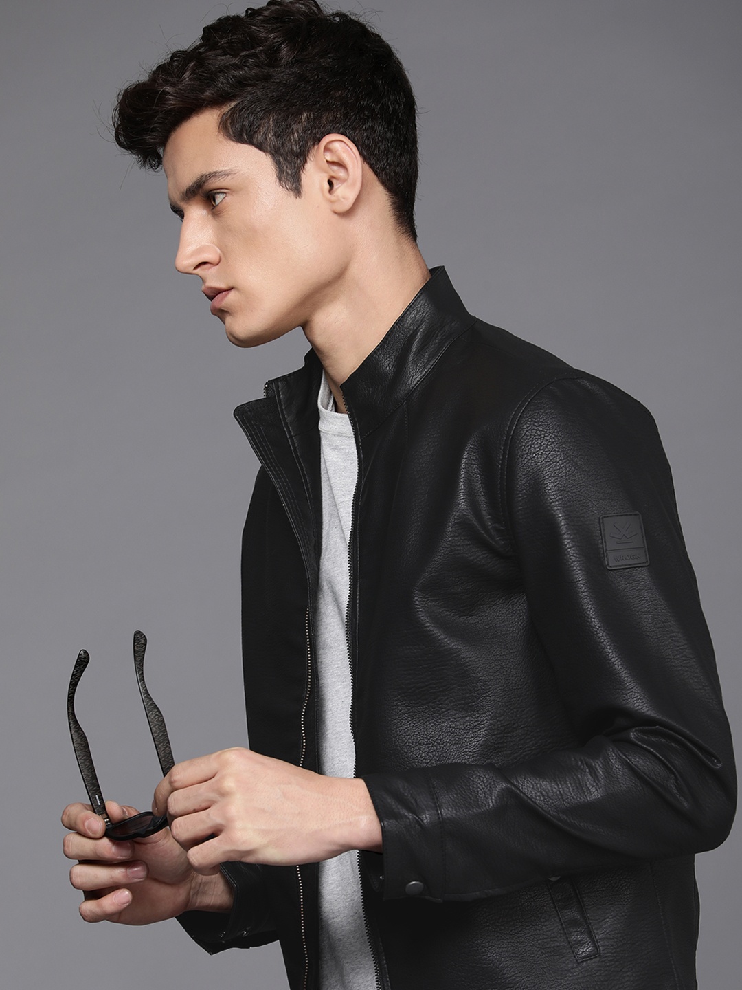 

WROGN Men Black Textured Biker Jacket