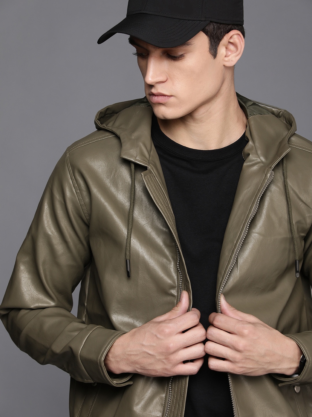 

WROGN Men Olive Green Textured Biker Jacket