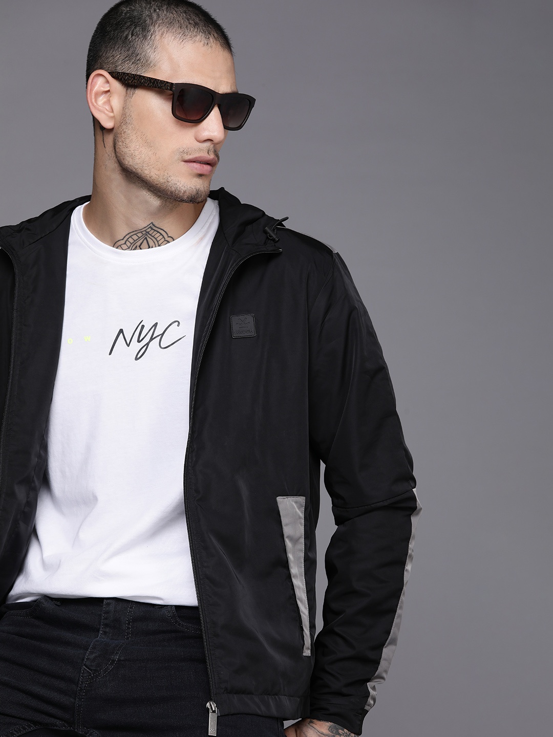 

WROGN Men Black Brand Logo Sporty Jacket with Patchwork