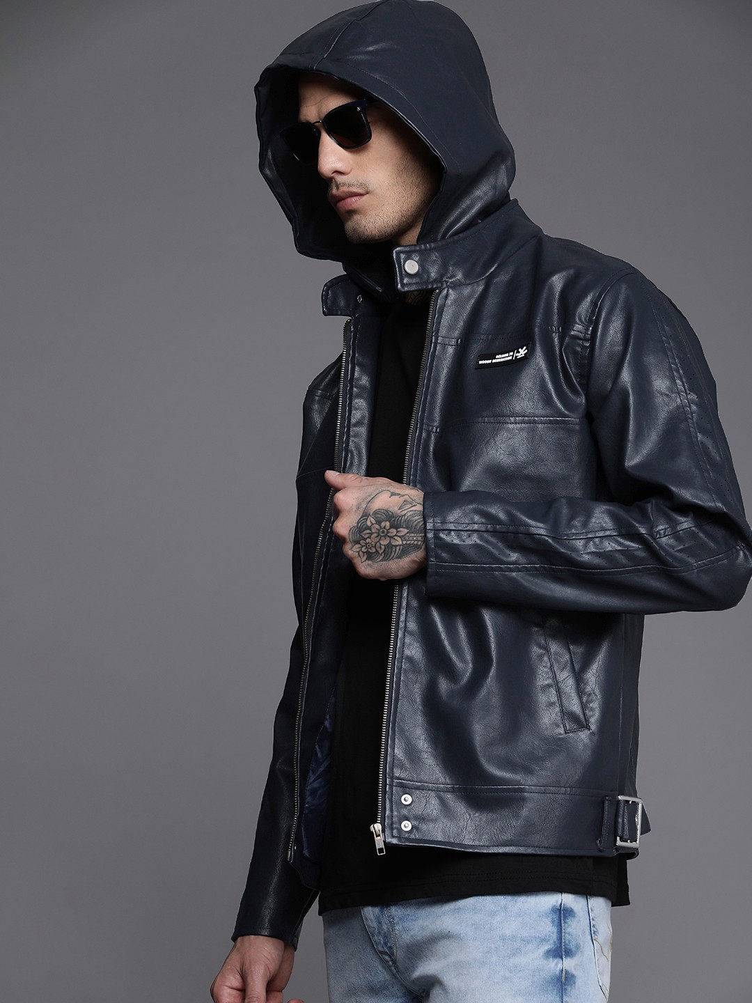 

WROGN Men Navy Blue Leather Jacket