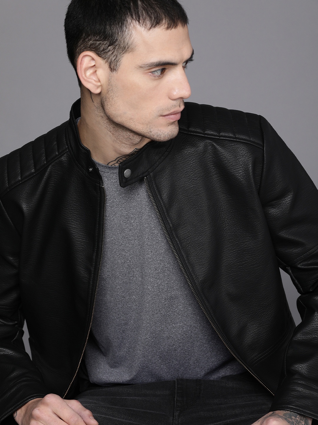 

WROGN Men Black Solid Stand-Collar Leather Jacket