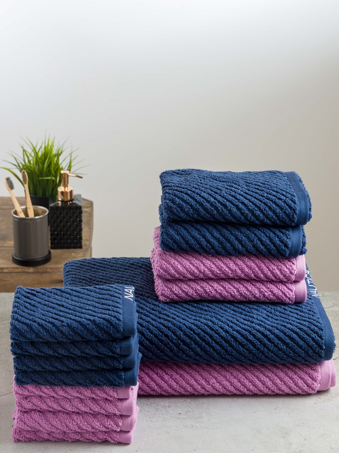 

Nautica Set OF 14 Solid Pure Cotton 600 GSM Towel Set, Navy blue