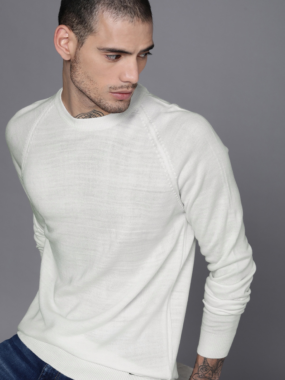 

WROGN Men Cream-Coloured Open-Knit Pullover Sweater