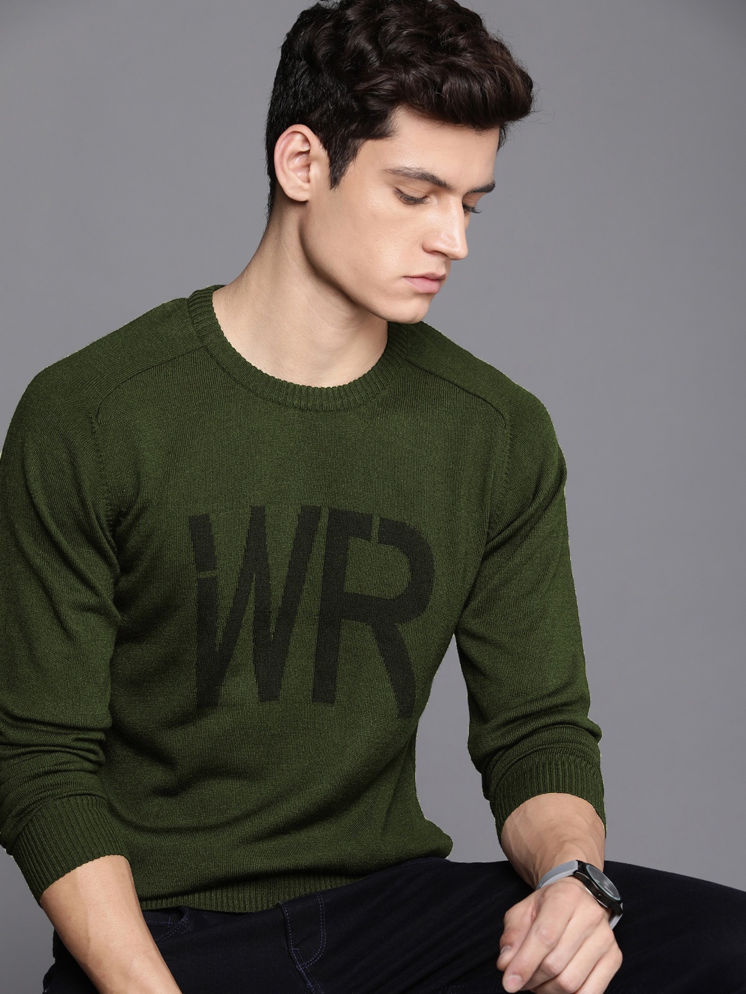 

WROGN Men Green Slim-Fit Pullover with Embroidered Detail